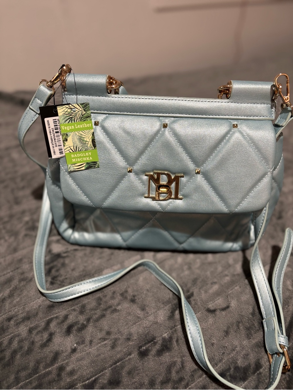 Badgley Mischka Light Blue Quilted Vegan Leather Crossbody with Gold Hardware